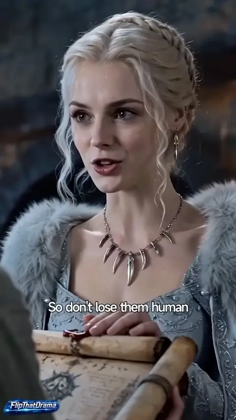 Ice-blue embroidered gown with fur cape and fang necklace, in The Alpha King's Forbidden Luna