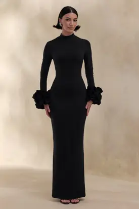 Jaselle | Black High-Neck Maxi Dress With Ruffled Satin-Cuffs from Club L London